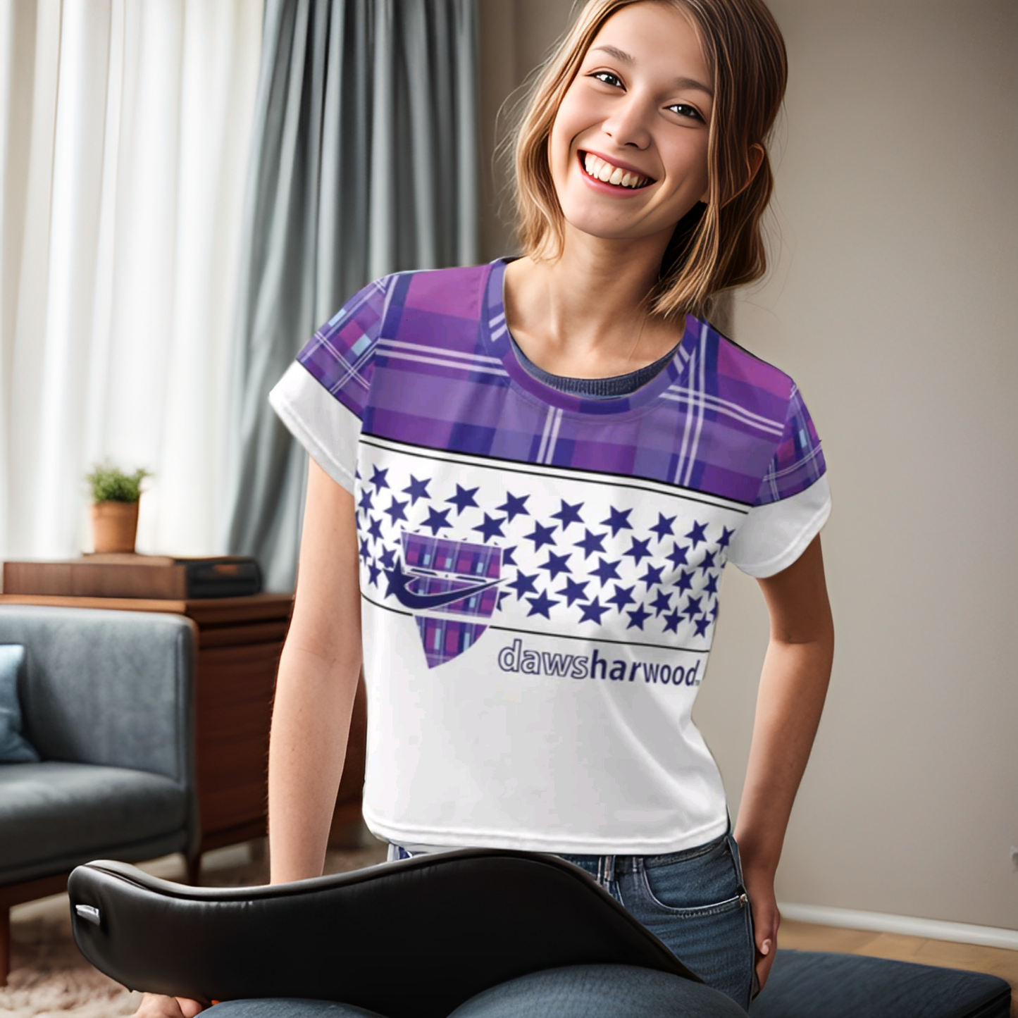 Daws Harwood purple plaid and stars crop tee