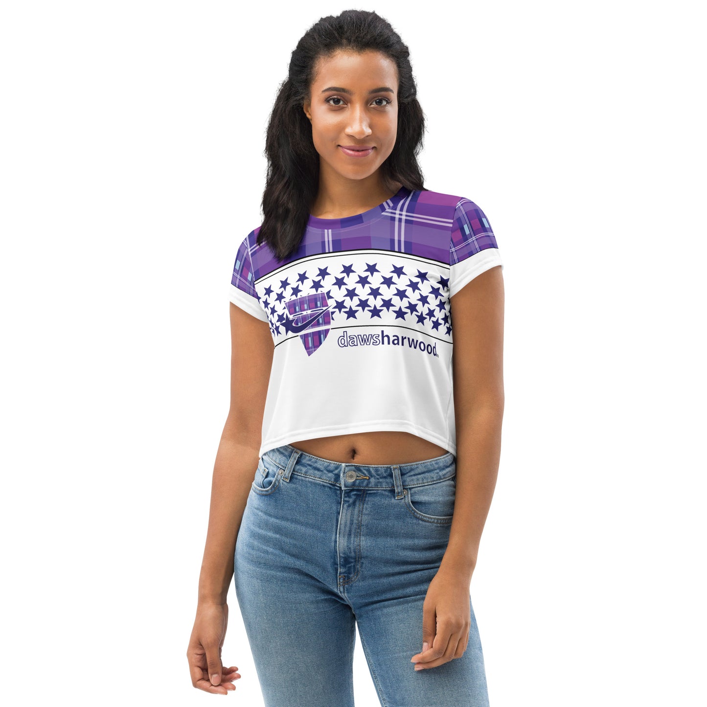 Daws logo purple plaid star accent Crop Tee