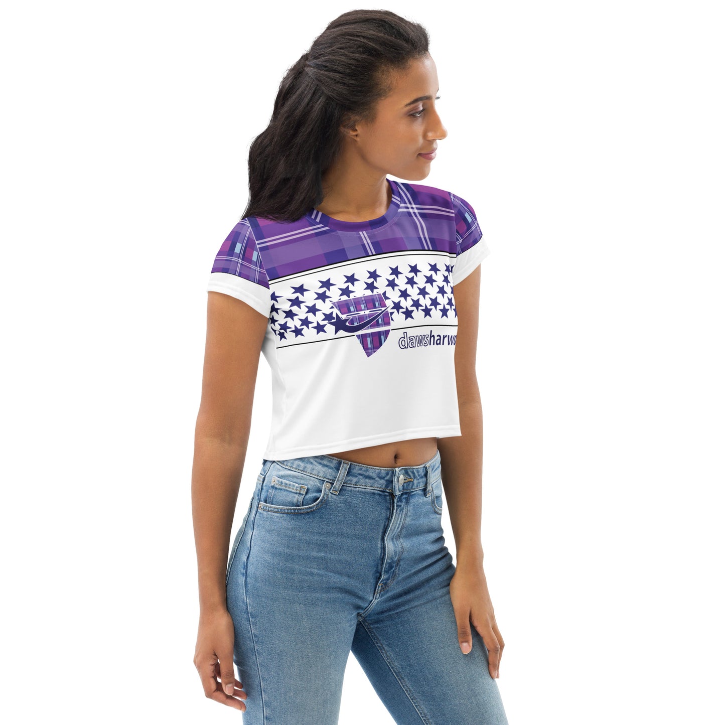 Daws logo purple plaid star accent Crop Tee